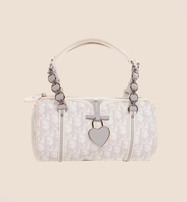 CHRISTIAN DIOR 2007 GREY & WHITE ROMANTIQUE TROTTER MINI BARREL BAG