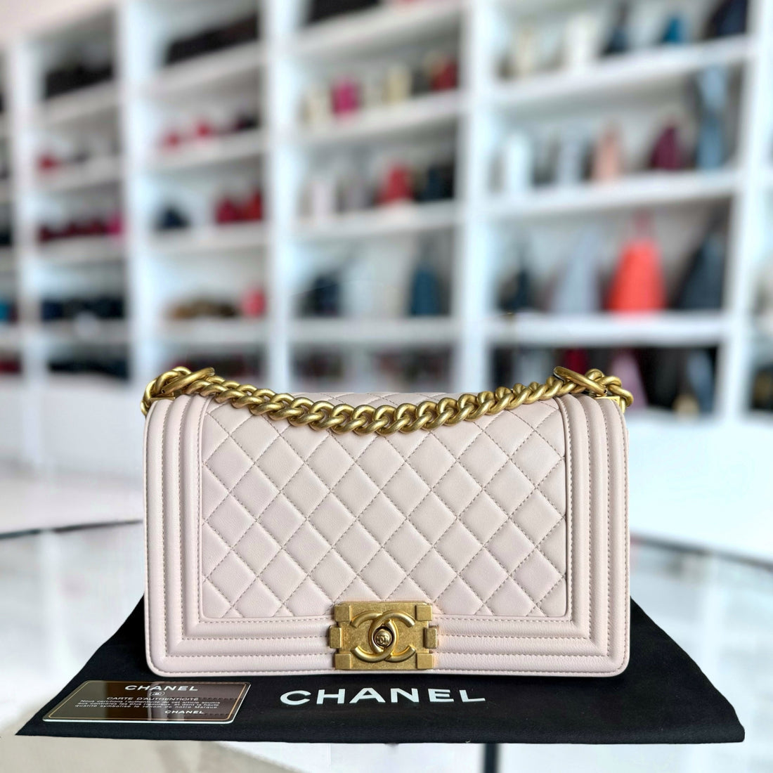 Chanel Boy Medium - 25CM Quilted Lambskin Sakura Light Pink Gold Hardware Series 24