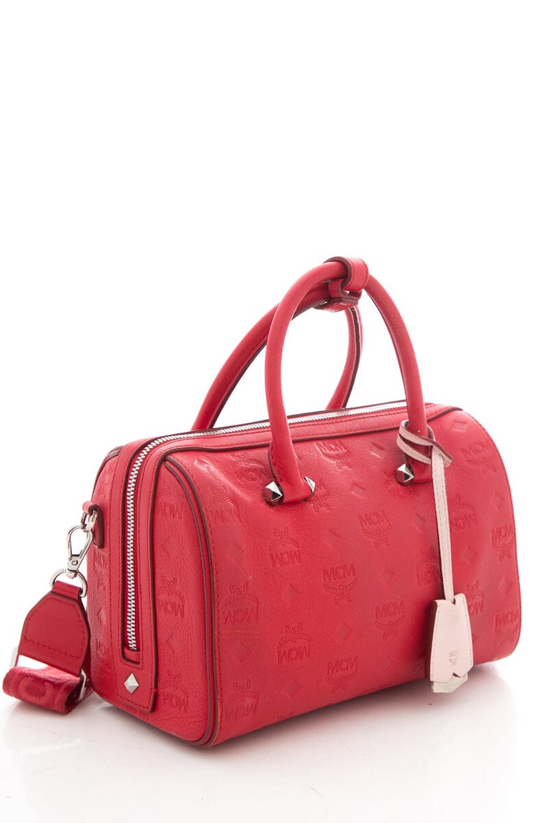 MCM Red Monogram Leather Boston Handbag
