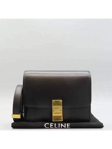 CELINE 189183 Black leather CLASSIC BOX S size gold logo lock detail flap shoulder bag