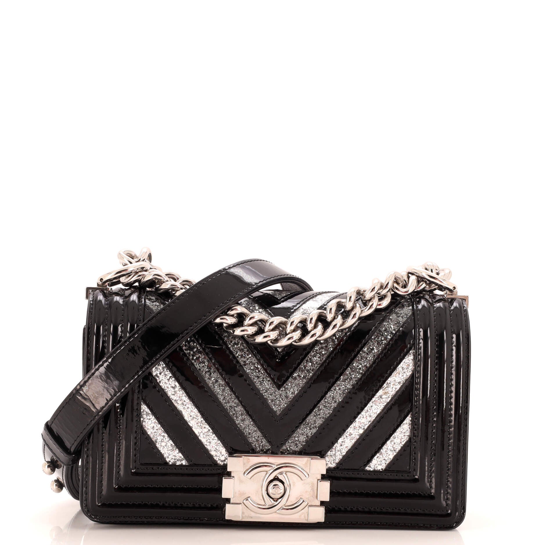 CHANEL Boy Flap Bag Chevron Patent with Glitter PVC Small