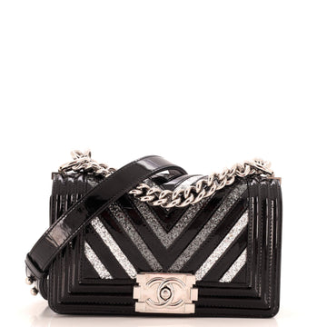 CHANEL Boy Flap Bag Chevron Patent with Glitter PVC Small