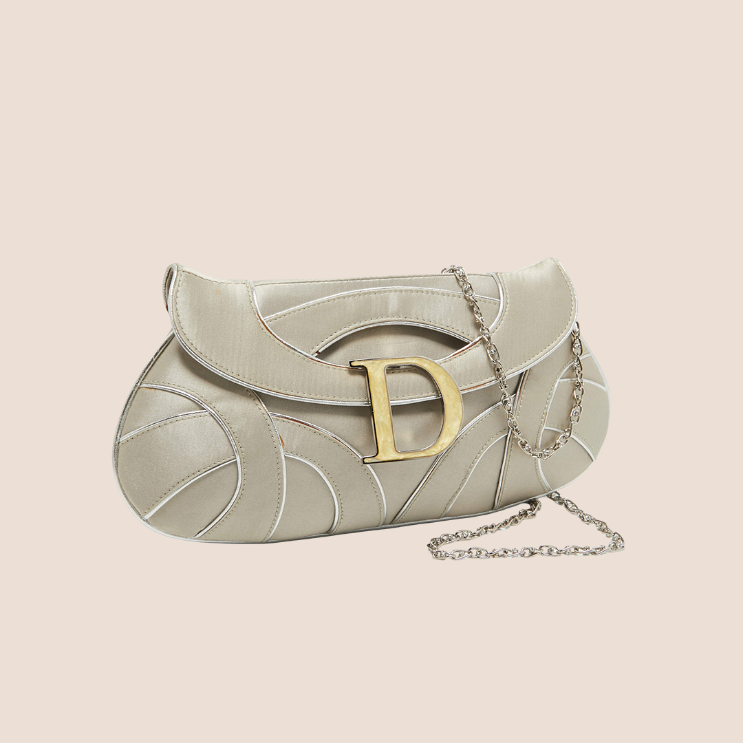CHRISTIAN DIOR GREY & SILVER SATIN FLAP CRYSTAL CHAIN CLUTCH