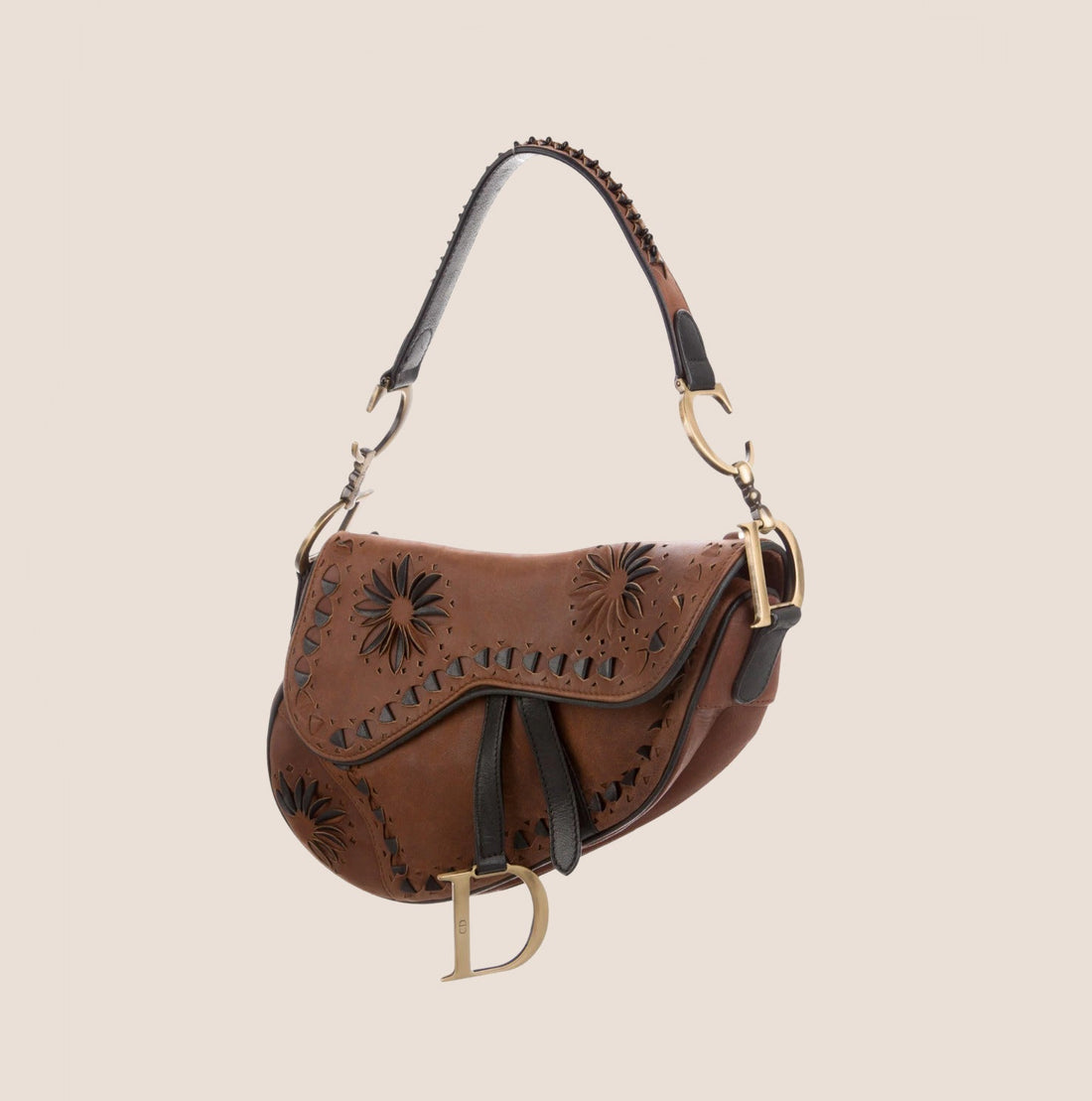 CHRISTIAN DIOR BROWN LEATHER FLORAL LASER CUT SADDLE BAG