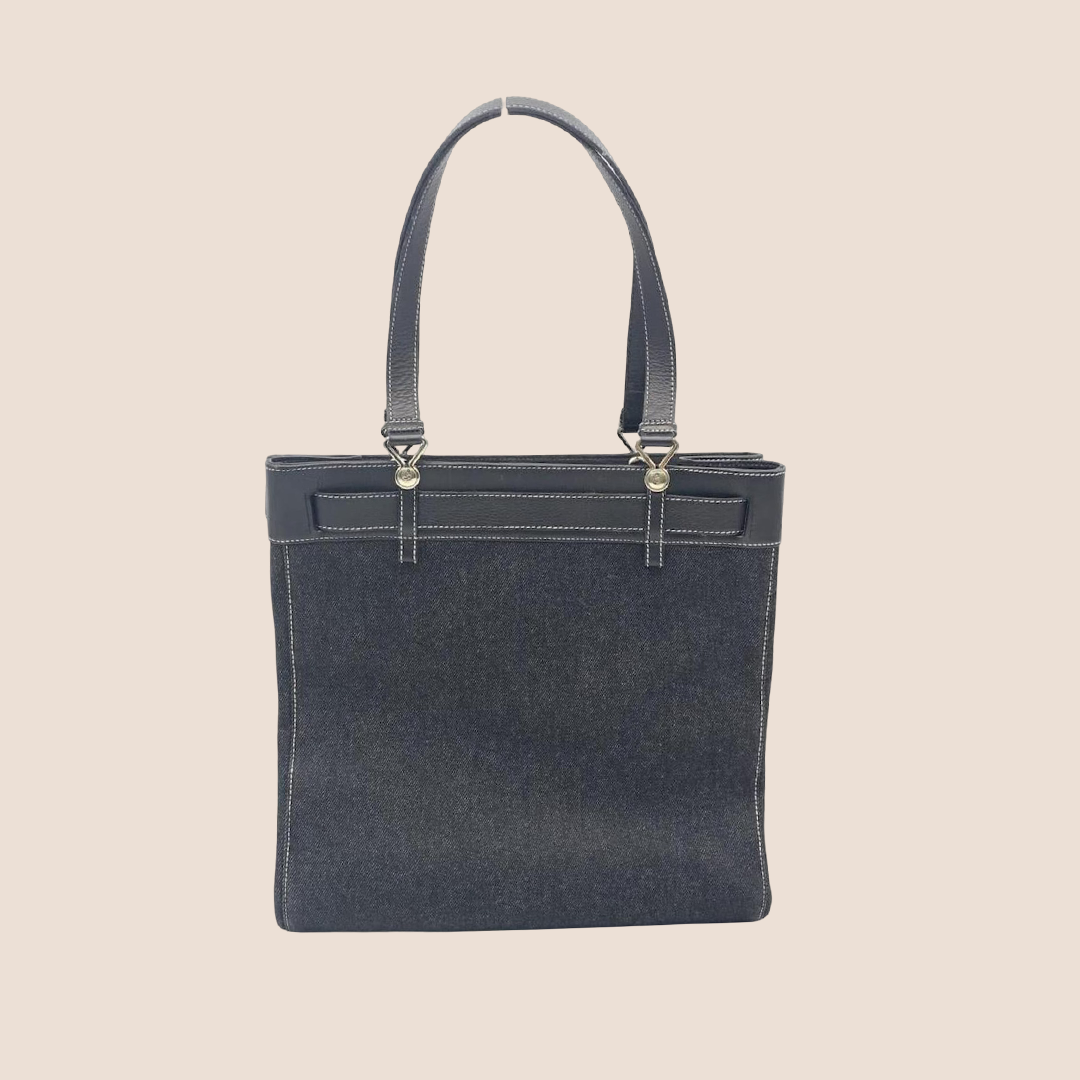 CHRISTIAN DIOR BLACK DENIM & LEATHER BELTED EVERYDAY TOTE BAG