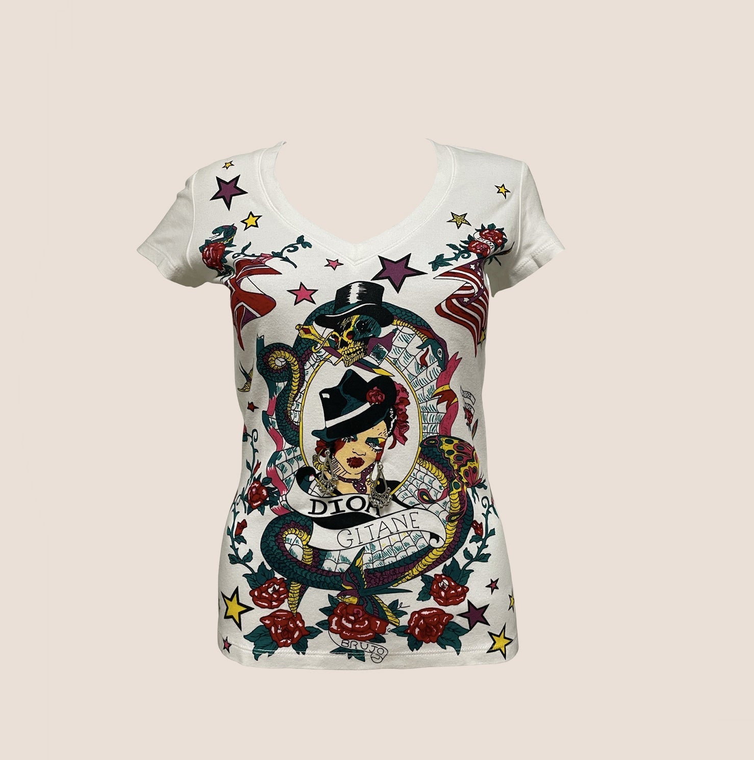 CHRISTIA DIOR 2004 GITANE PRINT V-NECK T-SHIRT