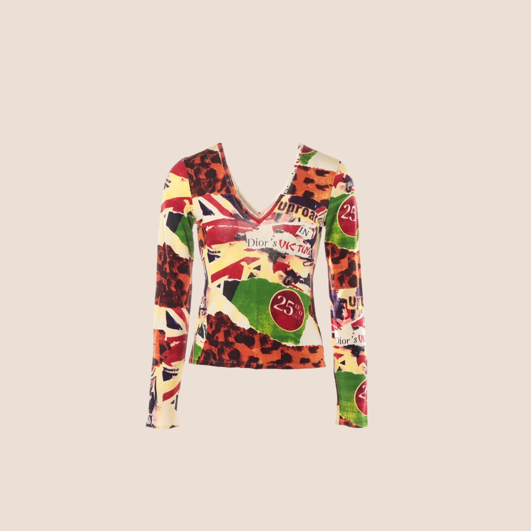CHRISTIAN DIOR SPRING 2003 DIOR VICTIM PRINT V-NECK TOP