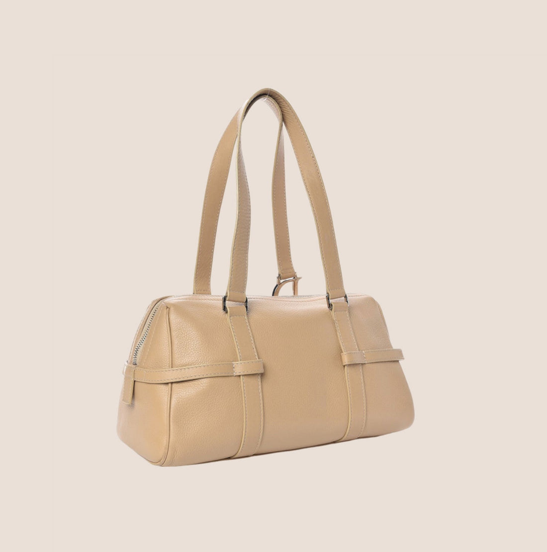 CHRISTIAN DIOR BEIGE LEATHER LOGO SPELL OUT CHARM BOSTON BAG