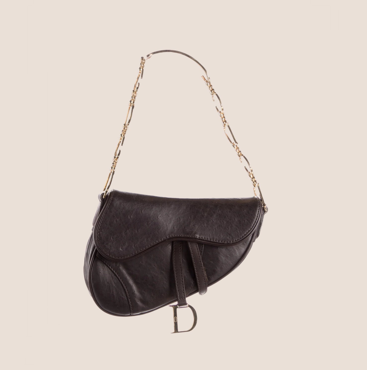 CHRISTIAN DIOR 2000 BROWN OSTRICH LEATHER CHAIN SADDLE BAG