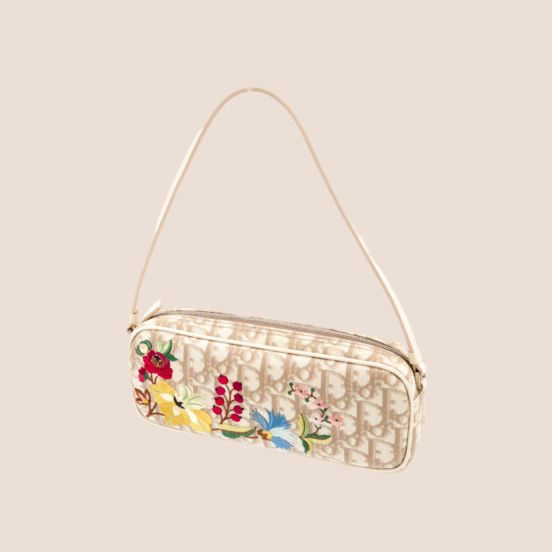 CHRISTIAN DIOR 2004 BEIGE TROTTER FLORAL EMBROIDERED MINI SHOULDER BAG