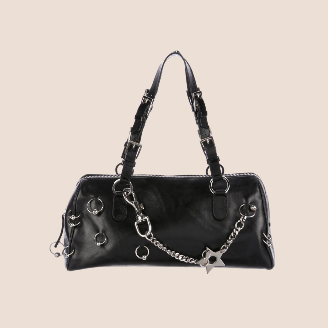CHRISTIAN DIOR 2004 HARCORE PIERCED BLACK LEATHER BOSTON BAG
