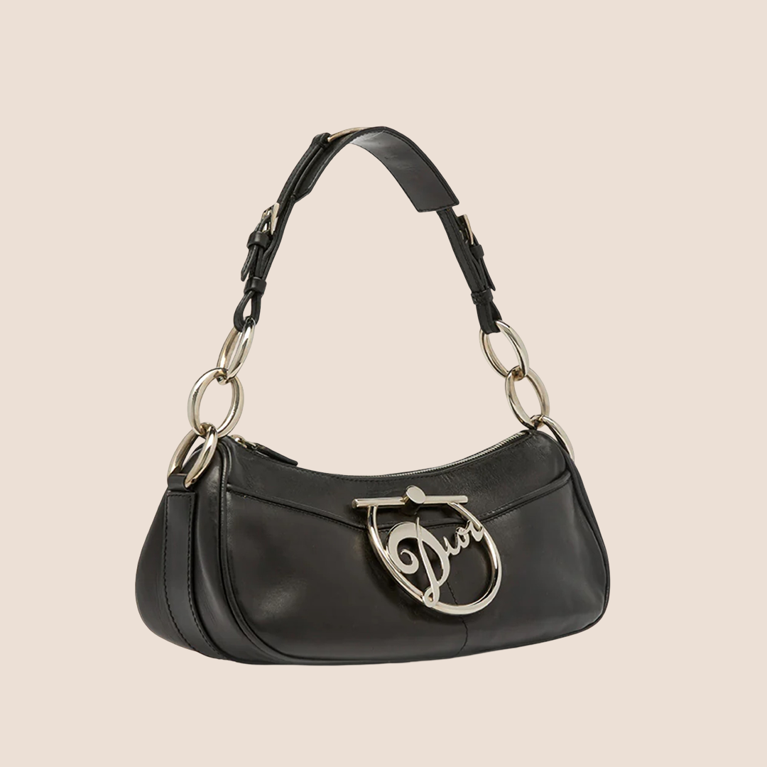 CHRISTIAN DIOR BLACK LEATHER LOGO DIVA BAG