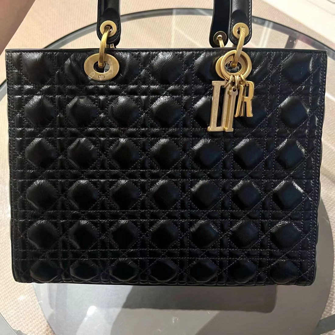 *Flap Version* Lady Large Glazed Calfskin Black Golden Hardware With Strap