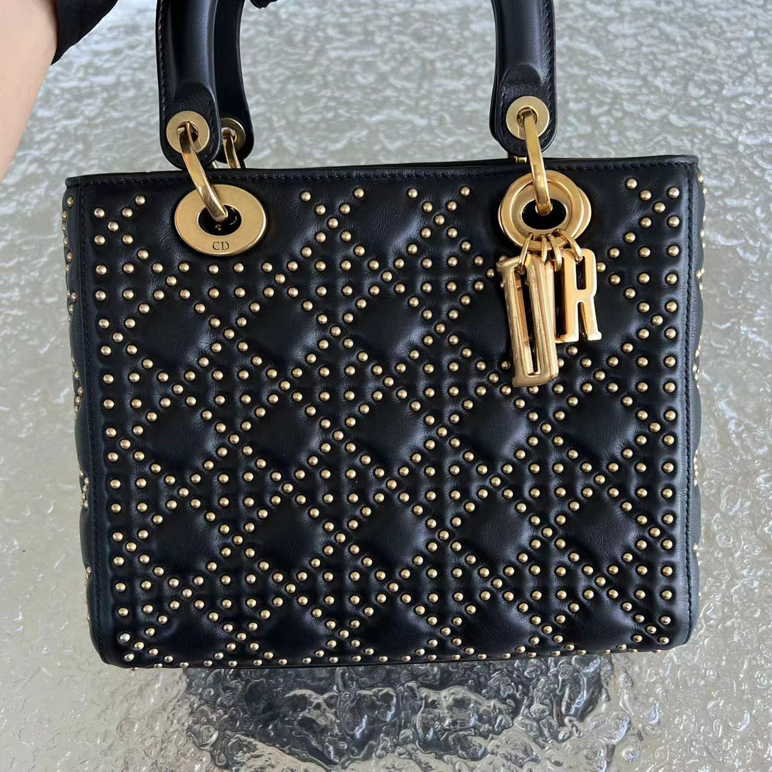 *Flap Version* Lady Medium Studded Cannage Lambskin Black Golden Hardware