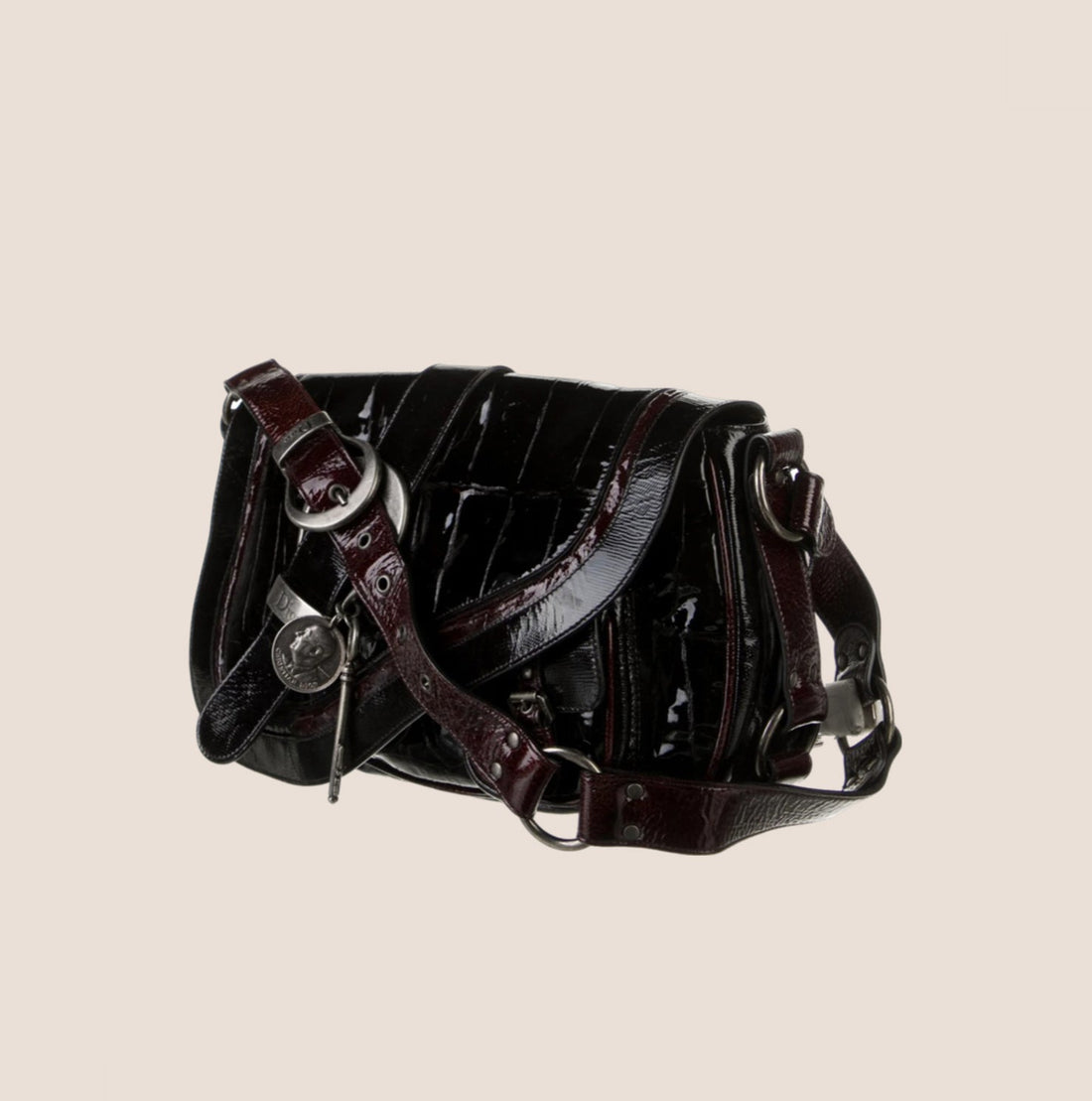 CHRISTIAN DIOR CROC EMBOSSED BLACK LEATHER PATENT GAUCHO BAG