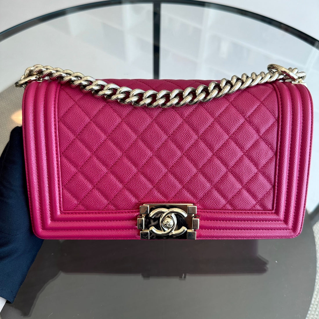 *Full Set, Receipt* Boy Caviar Old Medium 25CM Quilted Leboy Hot Pink GHW No 23