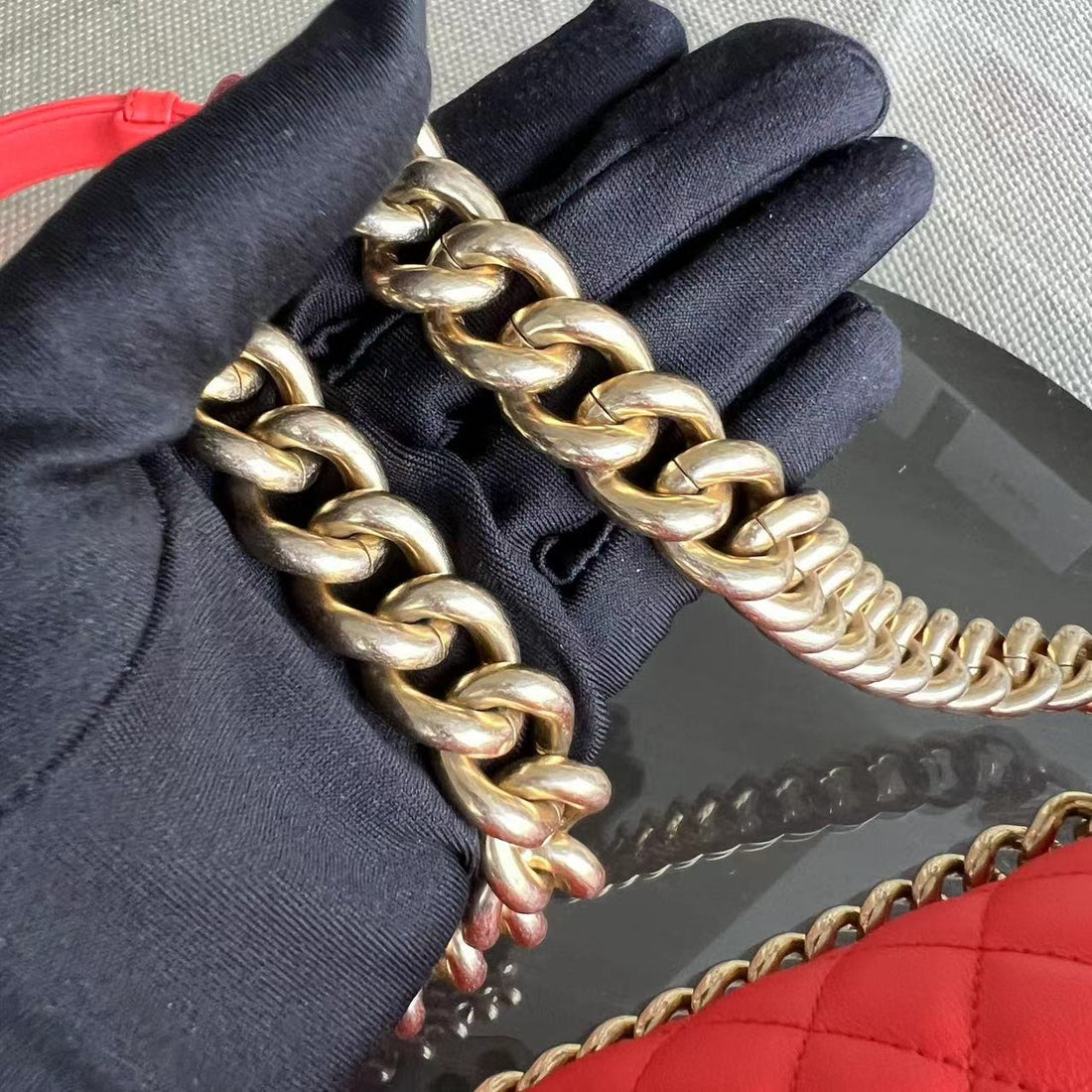 *Full Set, Receipt* Boy Old Medium 25CM Quilted Calfskin Red Leboy Golden Hardware Series 23