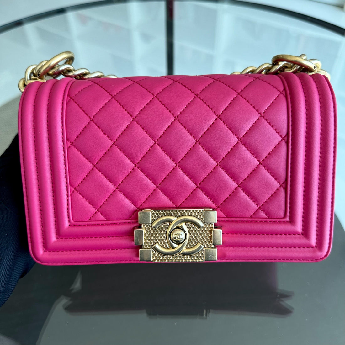 *Full Set, Receipt* Small 20CM Quilted Lambskin Hot Pink Leboy GHW No 23
