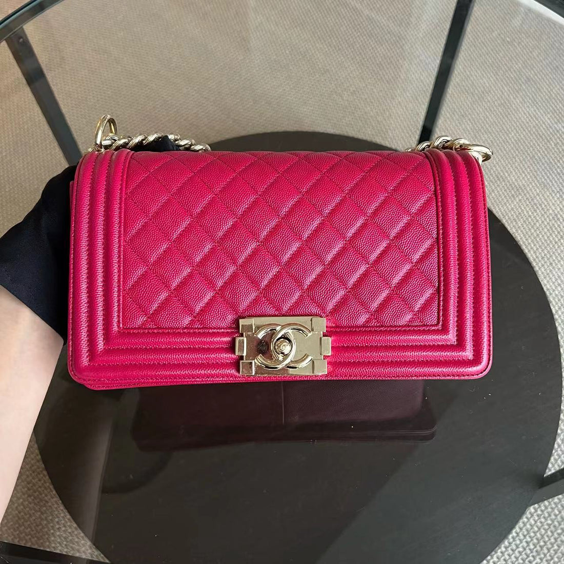 *Full Set, Receipt* Caviar Boy Old Medium 25CM Quilted Calfskin Hot Pink GHW LGHW No 23