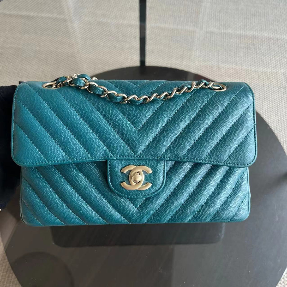 *Full Set Receipt* Caviar Small 23CM Chevron Calfskin Jade Green Blue GHW No 26