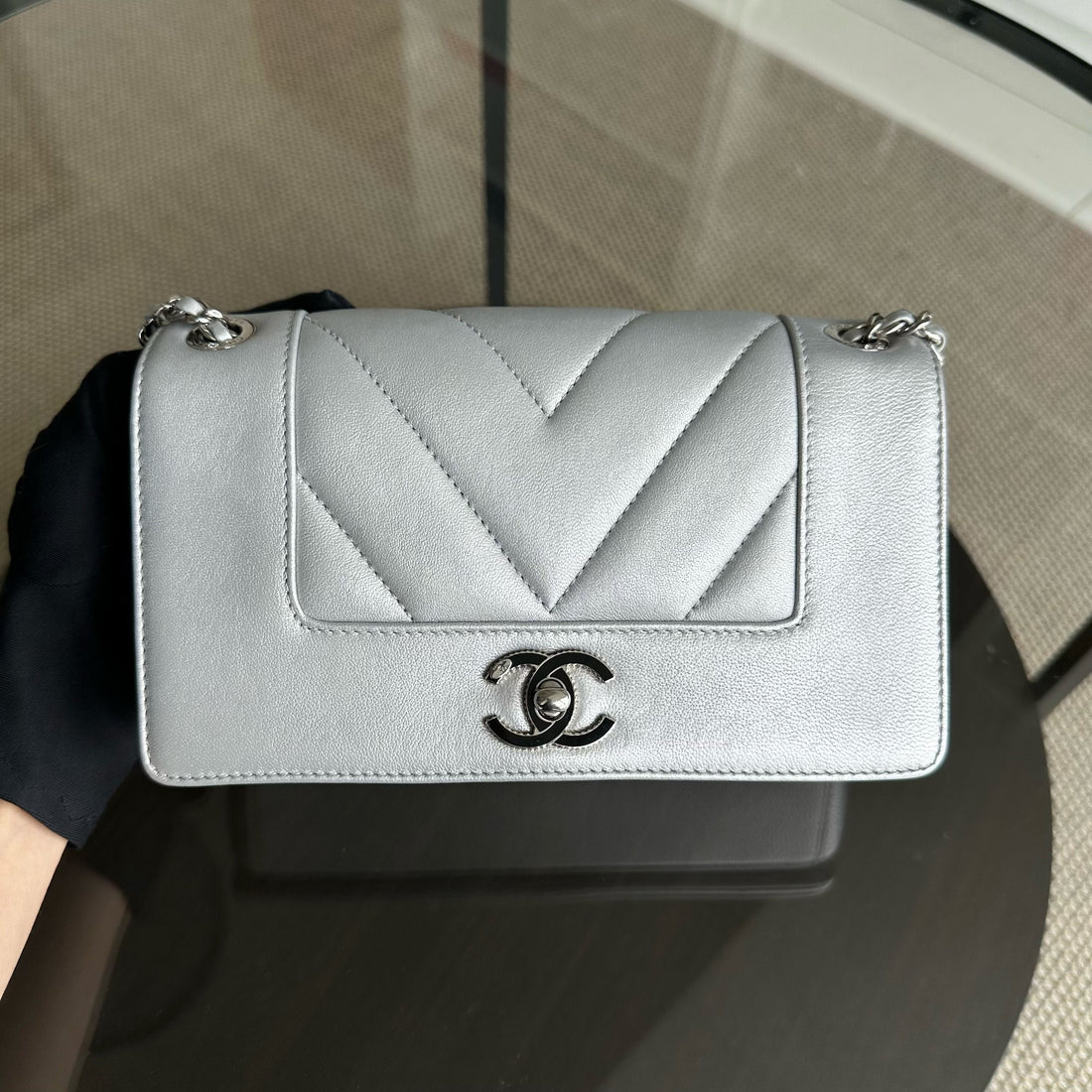 *Full Set, Receipt* Mademoiselle Small Seasonal Double Flap Chevron Calfskin Silver No 24
