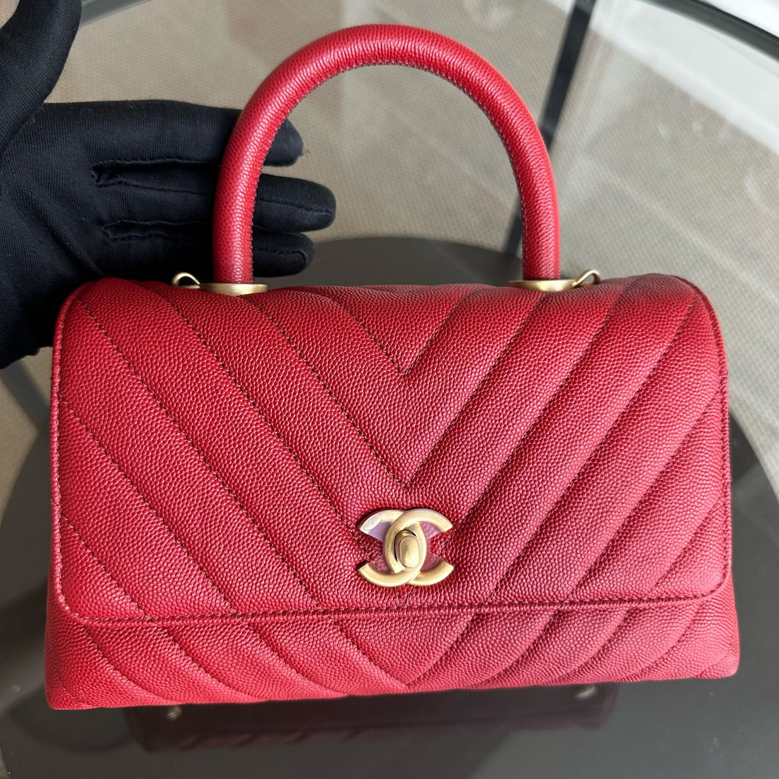 *Full Set, Receipt* Small Caviar Coco Handle Chevron Grained Calfskin Red GHW No 27