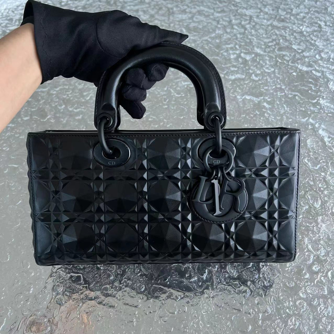 *Full Set, Receipt* D-Joy Medium All Black Dimond Motif Cannage Calfskin Top Handle Black Hardware