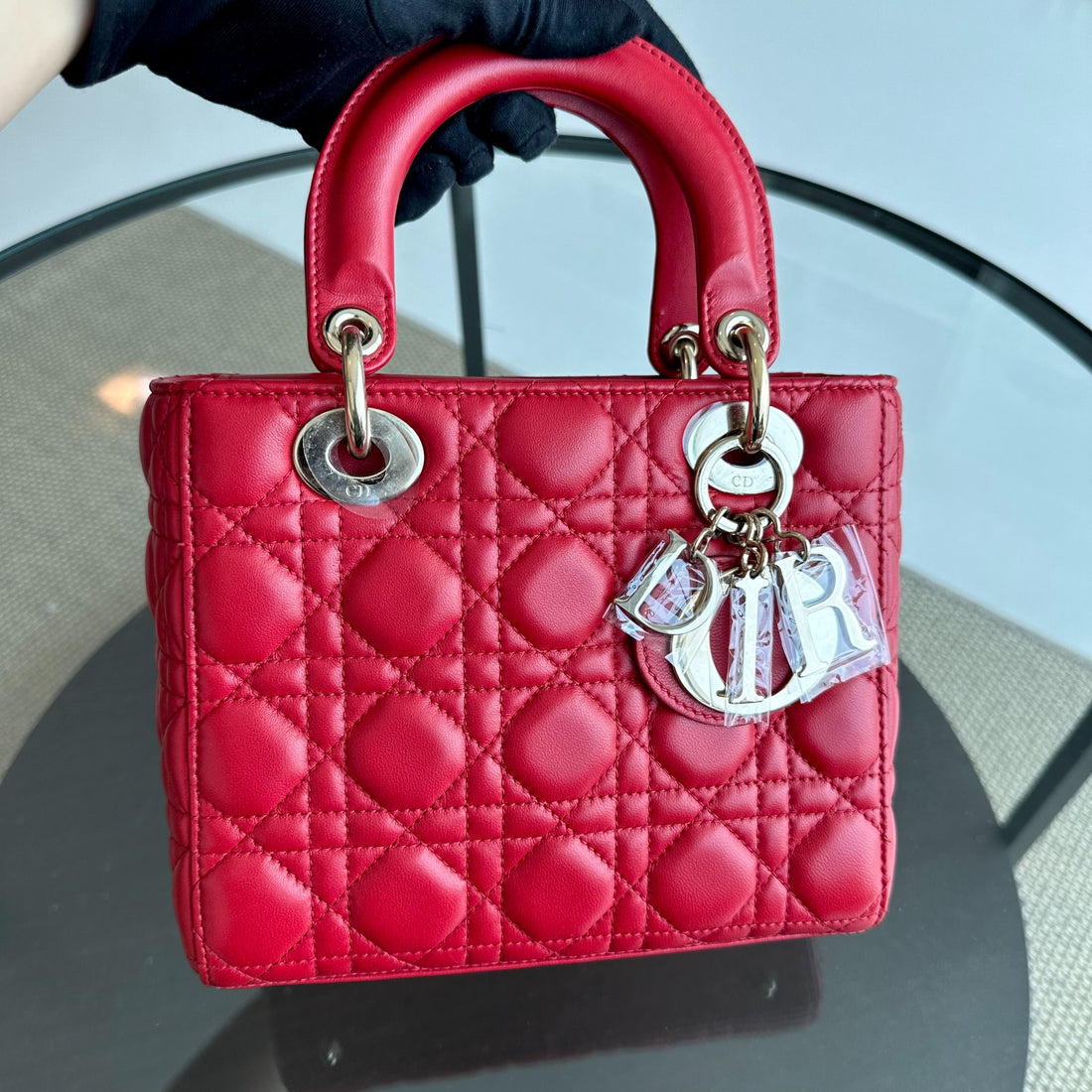 *Full Set, Receipt* Lady Small Lambskin Cannage Charm ABC Red GHW