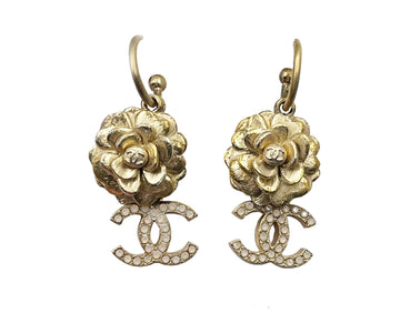 Top Quality Chanel Gold Camellia Flower CC Opal Crystal Dangle Piercing Earrings