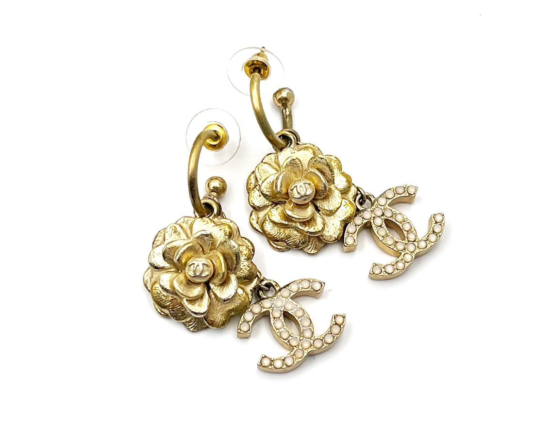 Top Quality Chanel Gold Camellia Flower CC Opal Crystal Dangle Piercing Earrings
