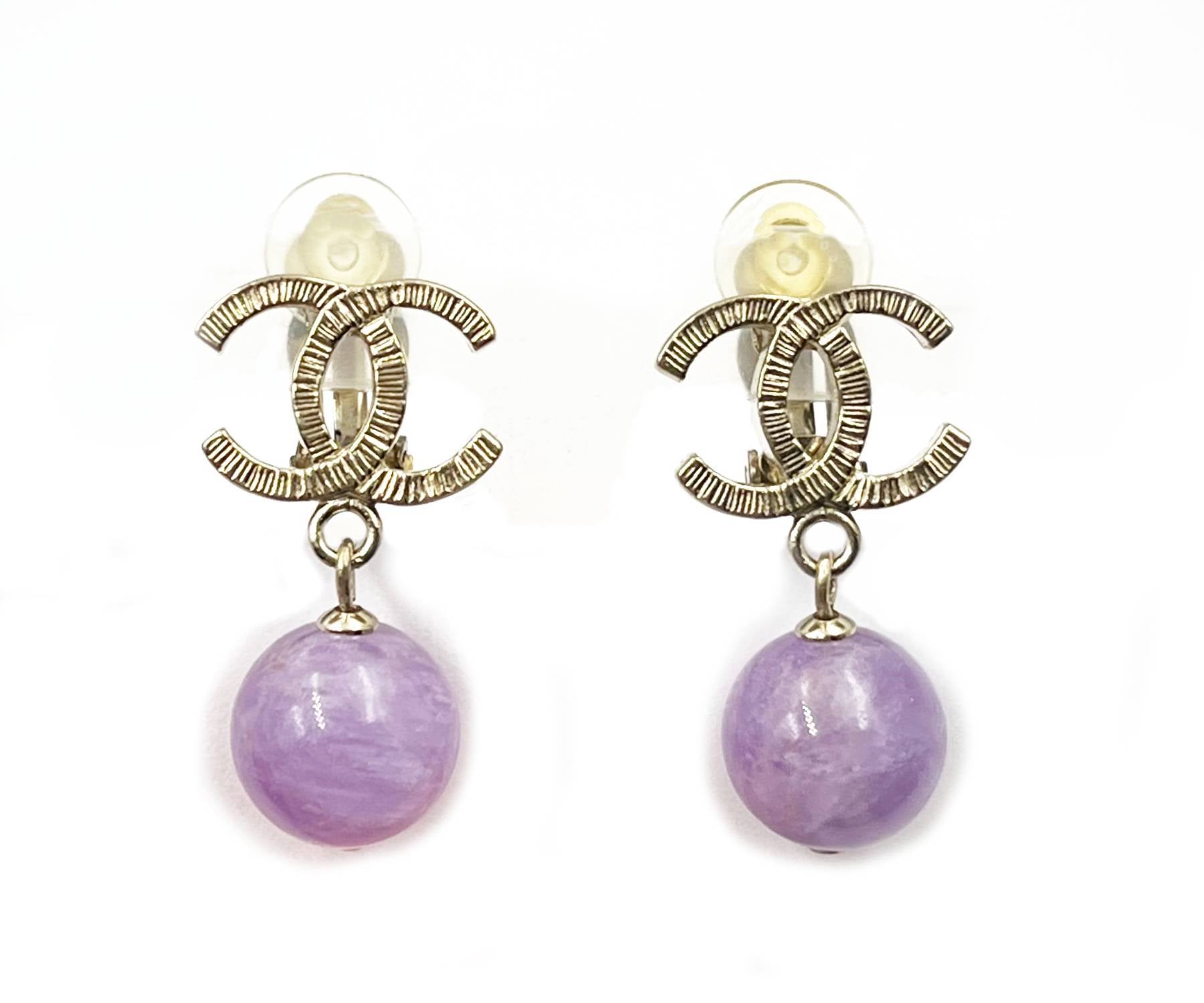 Top Quality Chanel Gold CC Lavender Stone Clip on Earrings