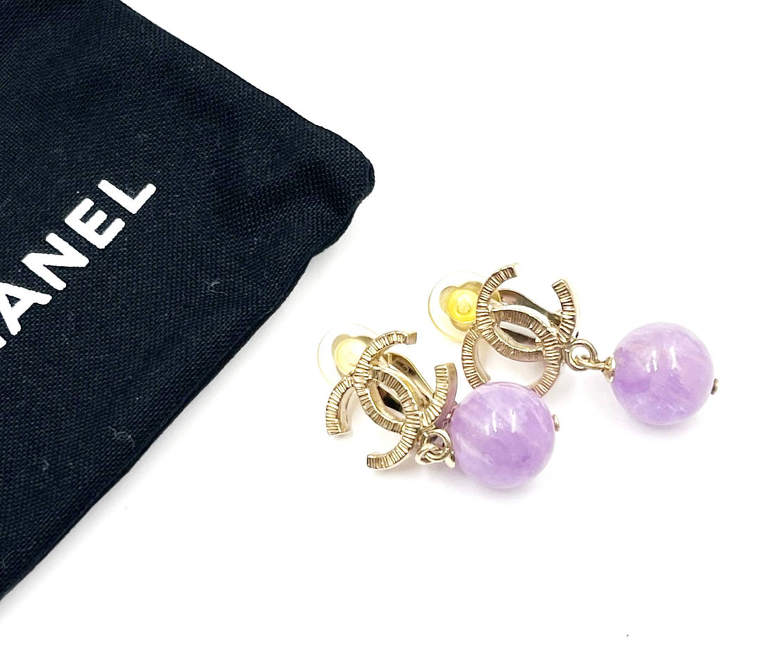 Top Quality Chanel Gold CC Lavender Stone Clip on Earrings