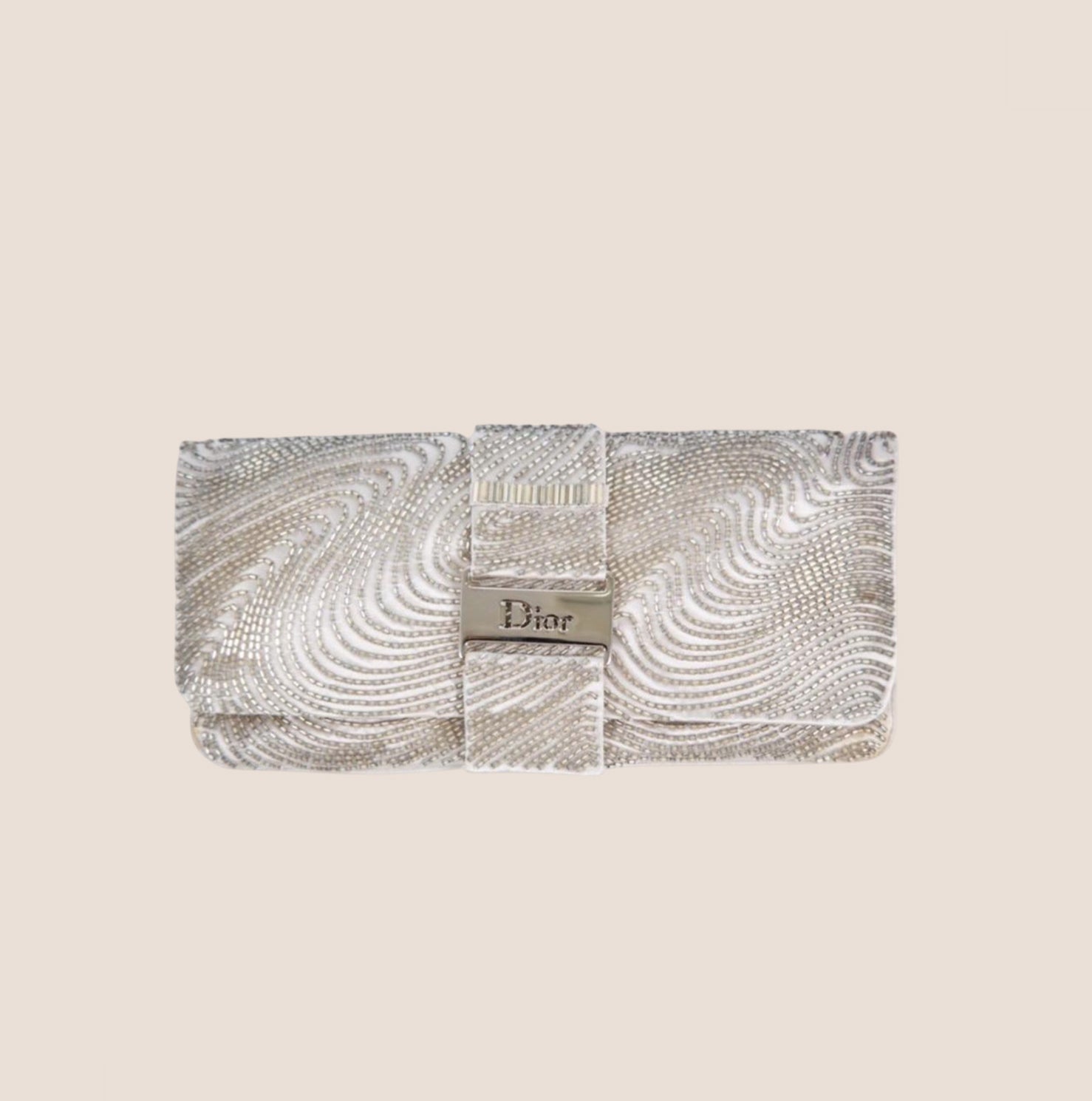 CHRISTIAN DIOR BEADED SILVER SATIN LOGO CLUTCH