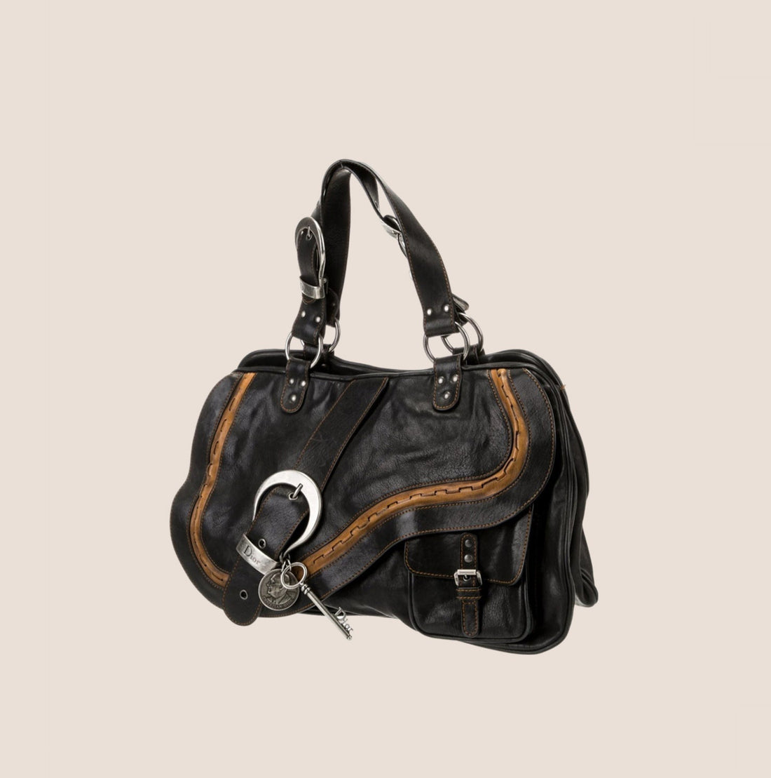 CHRISTIAN DIOR BLACK LEATHER GAUCHO SADDLE HANDBAG