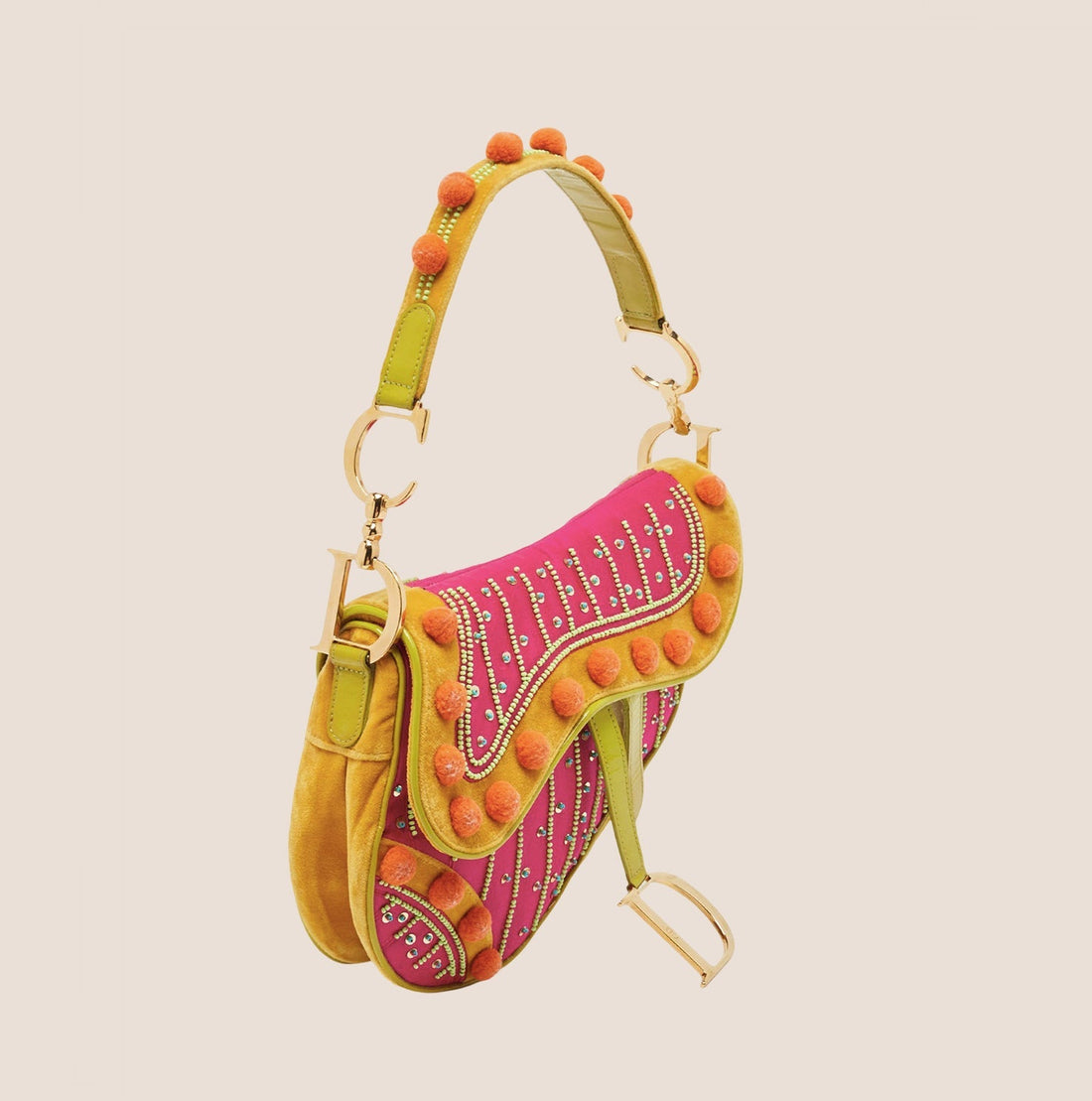 CHRISTIAN DIOR 2002 MULTICOLOR VELVET LIMITED EDITION POM POM SADDLE BAG