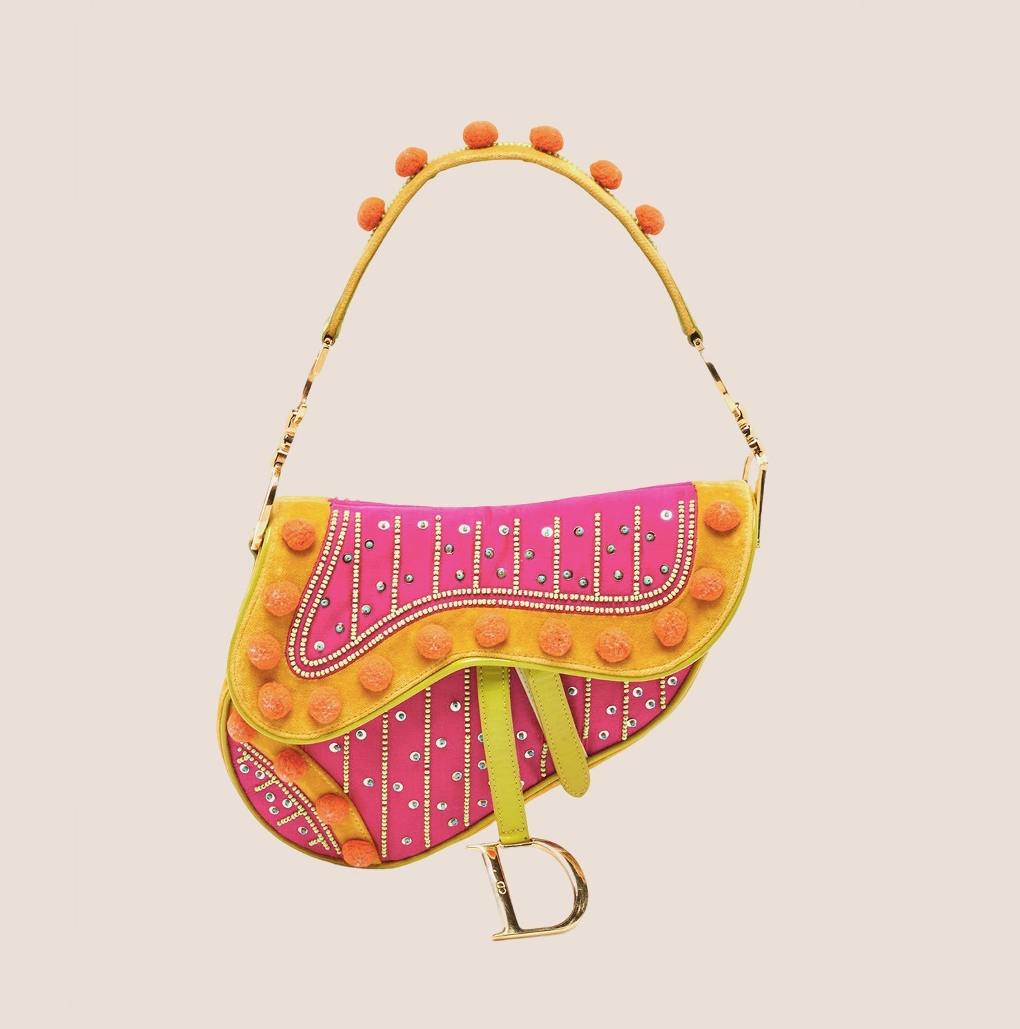 CHRISTIAN DIOR 2002 MULTICOLOR VELVET LIMITED EDITION POM POM SADDLE BAG