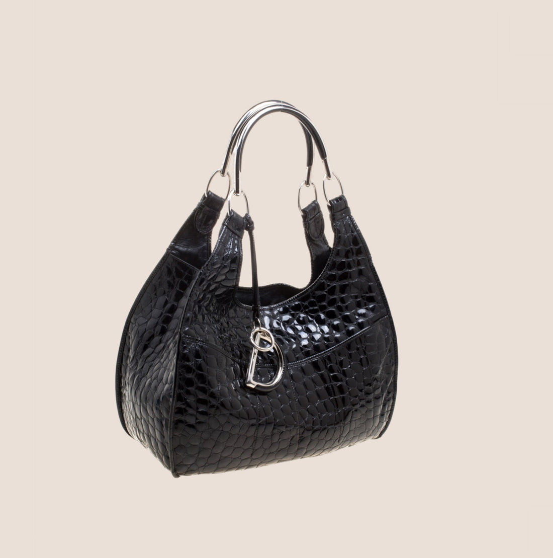 CHRISTIAN DIOR BLACK CROC EMBOSSED PATENT LEATHER TOTE BAG