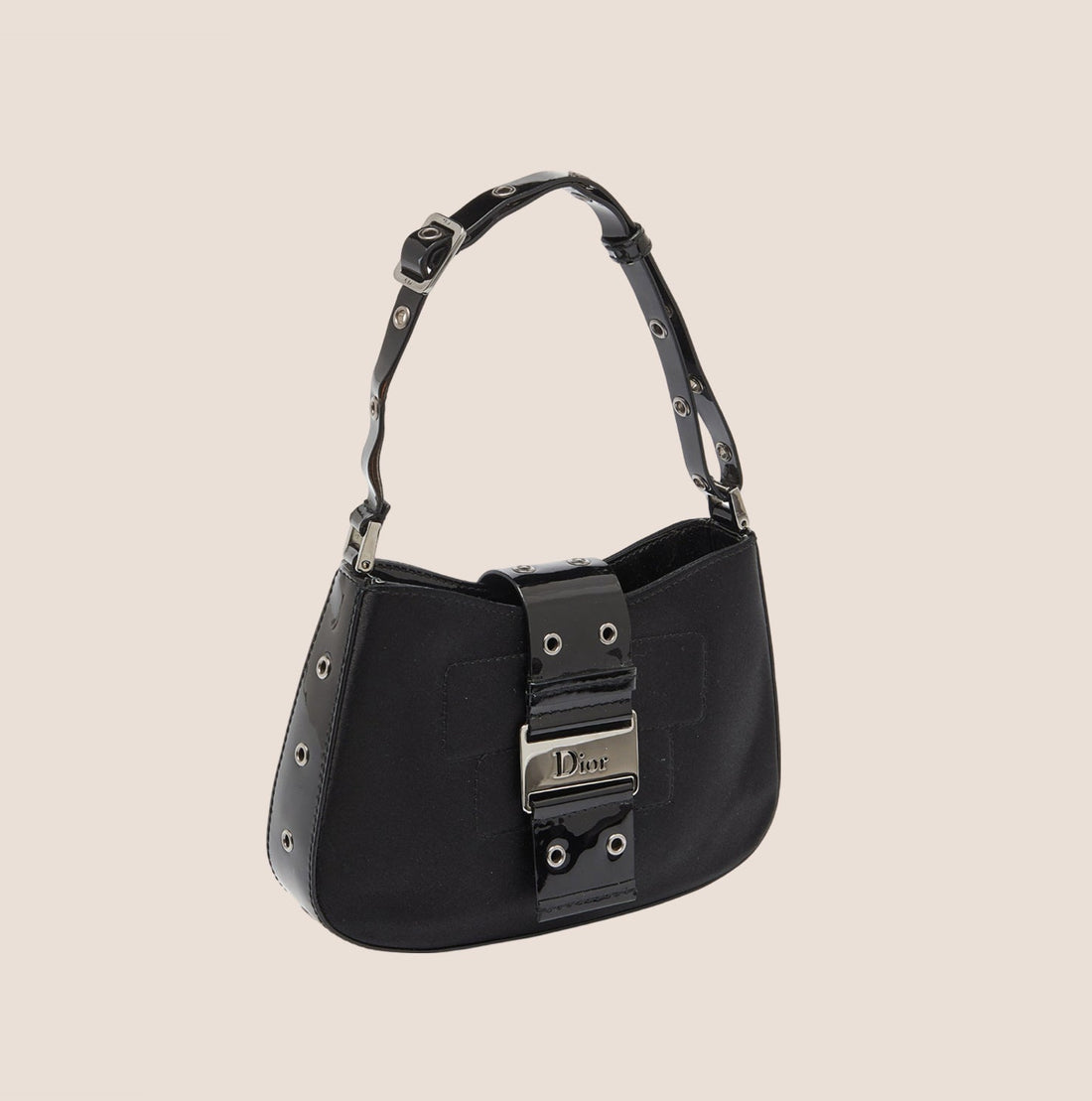 CHRISTIAN DIOR BLACK SATIN & PATENT LEATHER MINI STREET CHIC HOBO BAG