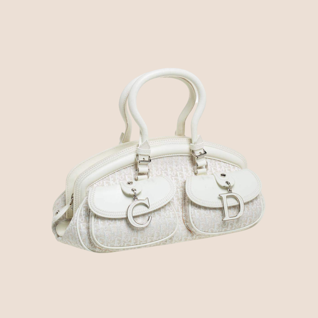 CHRISTIAN DIOR 2005 WHITE OBLIQUE CANVAS & LEATHER DETECTIVE BAG