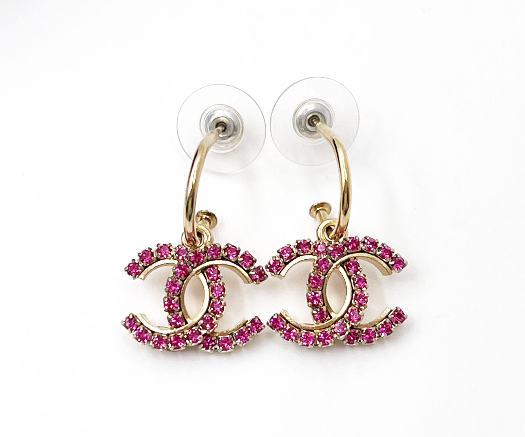 Top Quality Chanel Gold Plated CC Fuchsia Crystal Hoop Piercing Earrings