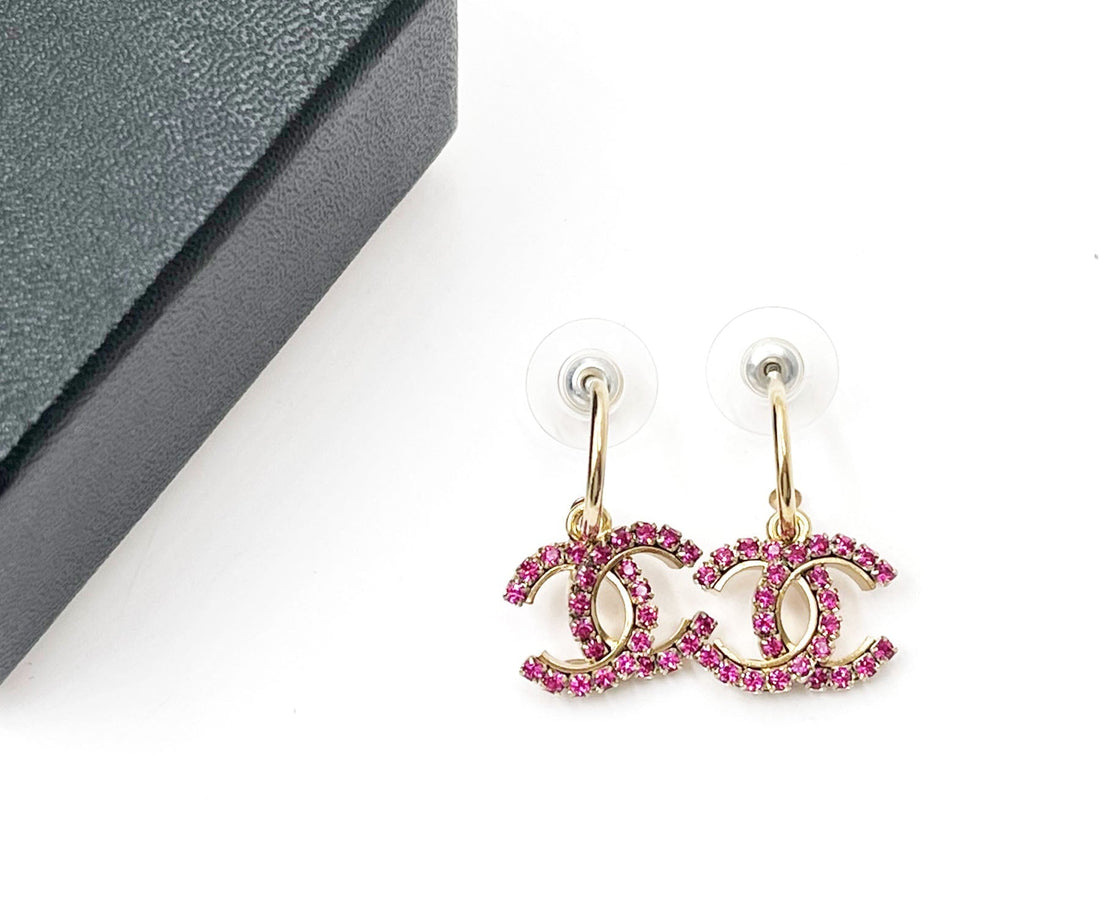 Top Quality Chanel Gold Plated CC Fuchsia Crystal Hoop Piercing Earrings