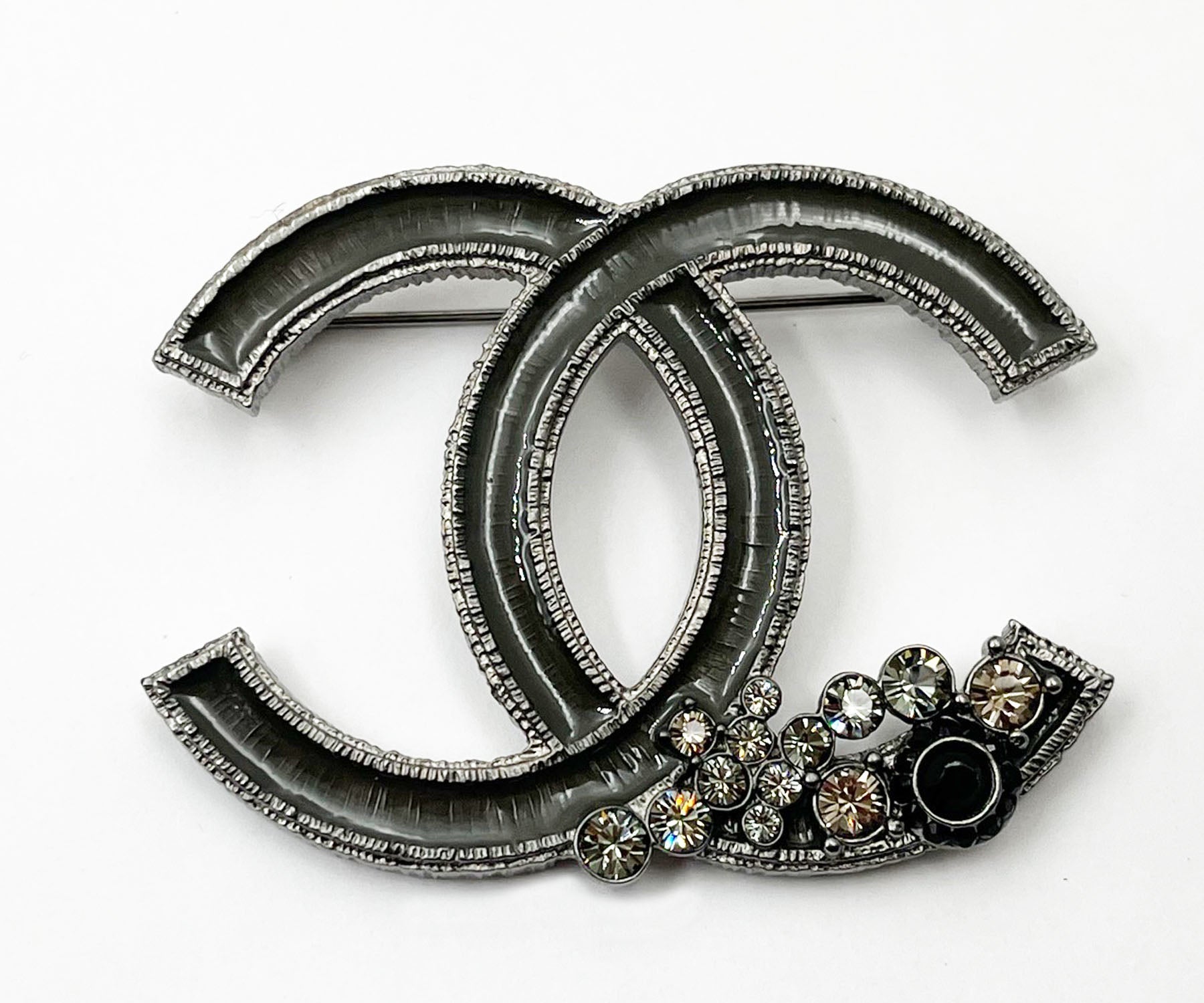 Top Quality Chanel Grey Enamel CC Corner Crystals Large Brooch