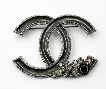 Top Quality Chanel Grey Enamel CC Corner Crystals Large Brooch