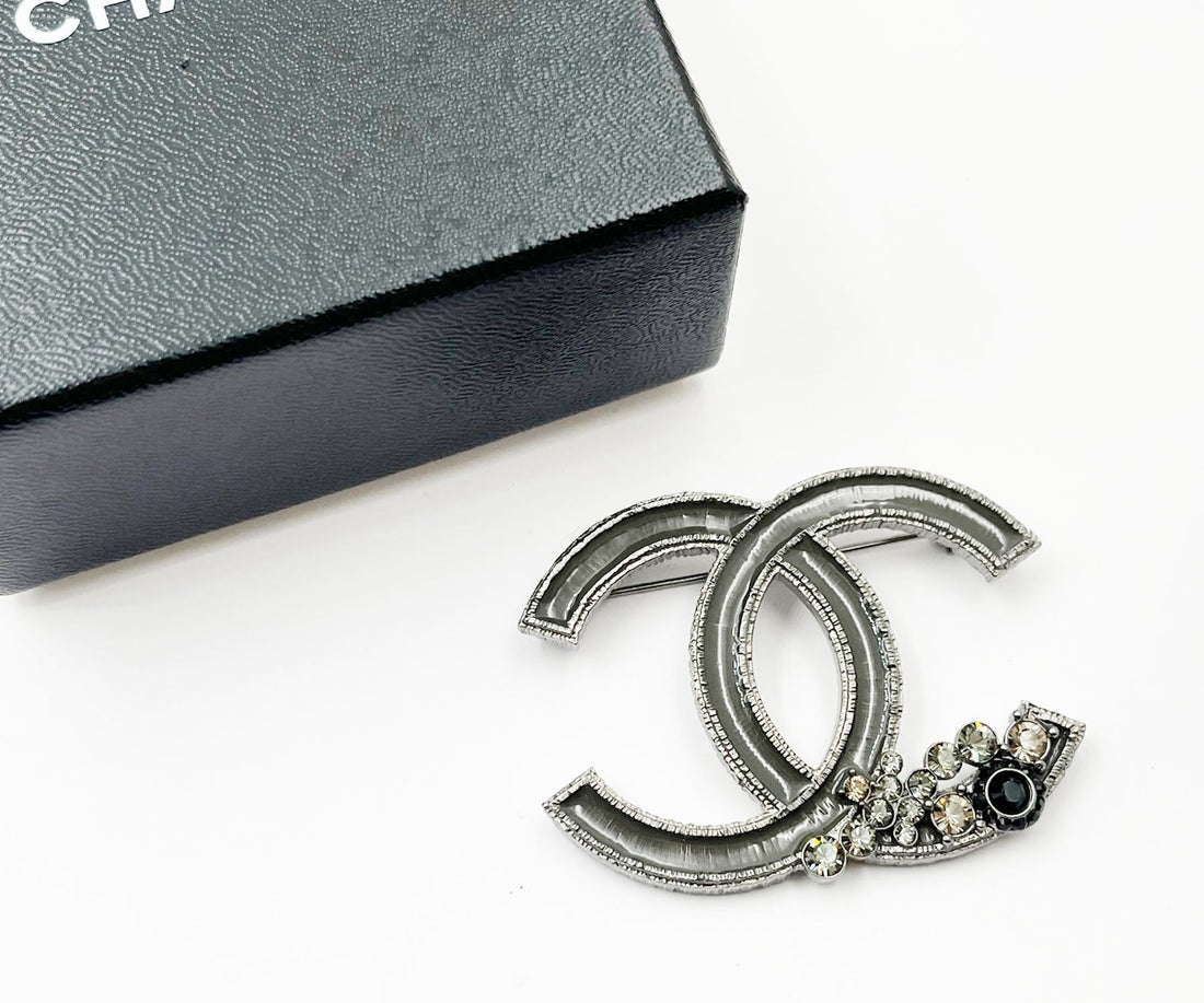 Top Quality Chanel Grey Enamel CC Corner Crystals Large Brooch