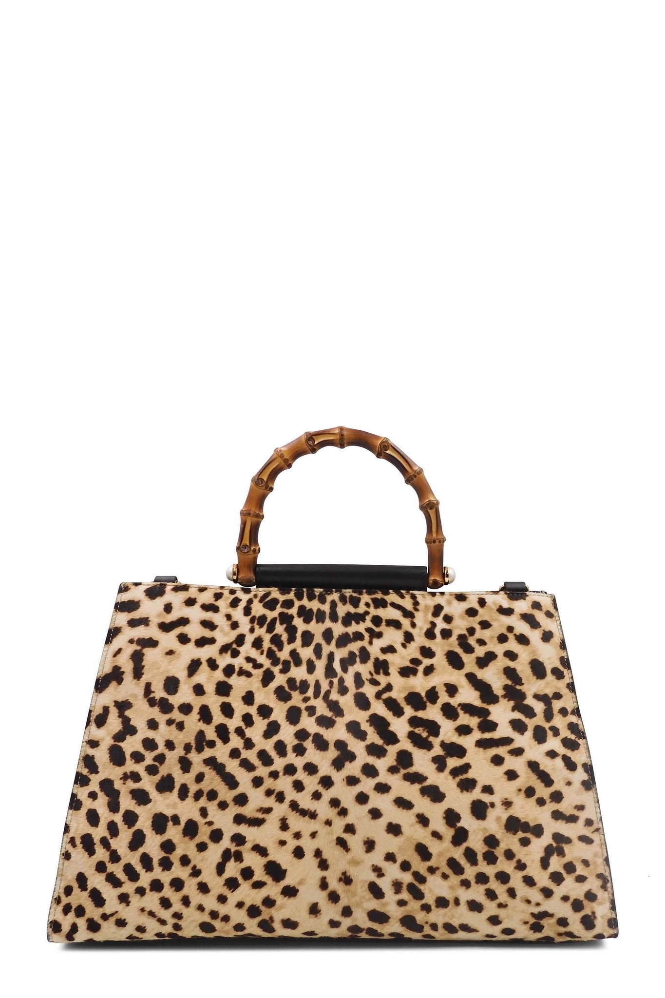 Calf Hair Leopard Nymphae Bamboo Top Handle Bag Black Beige