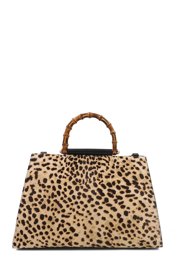 Calf Hair Leopard Nymphae Bamboo Top Handle Bag Black Beige