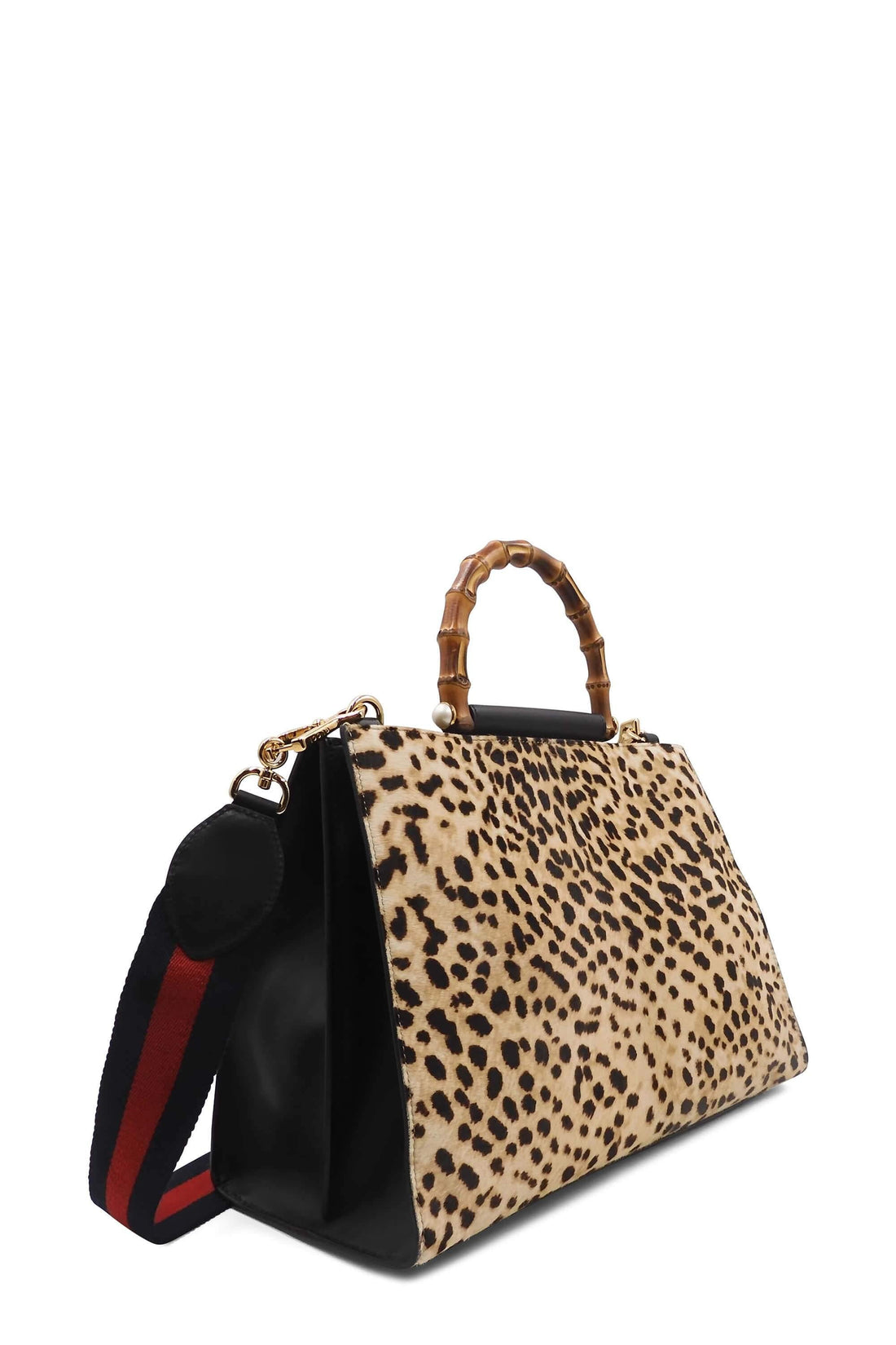 Calf Hair Leopard Nymphae Bamboo Top Handle Bag Black Beige