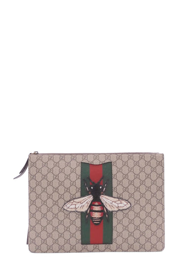 GG Supreme Canvas Bee Zip Pouch Beige