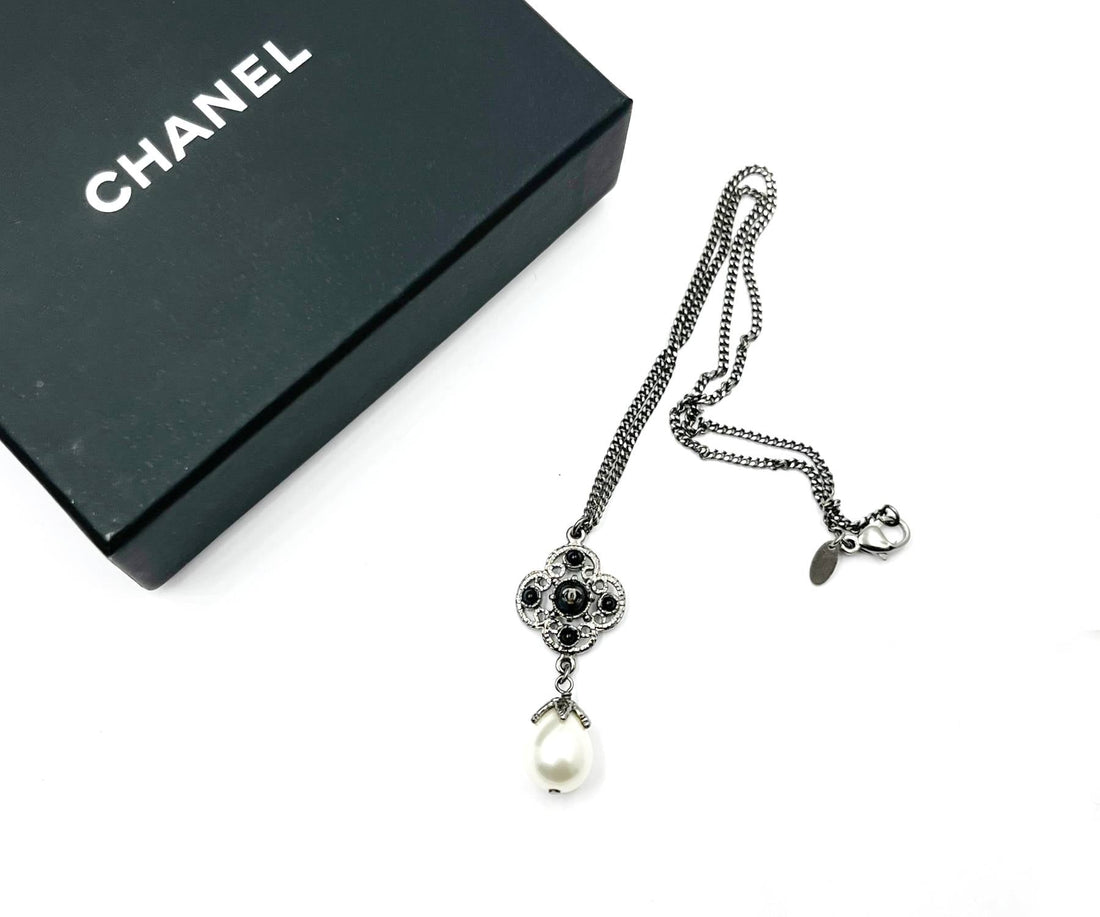 Top Quality Chanel Gunmetal CC Black Bead Filigree Pearl Dangle Necklace