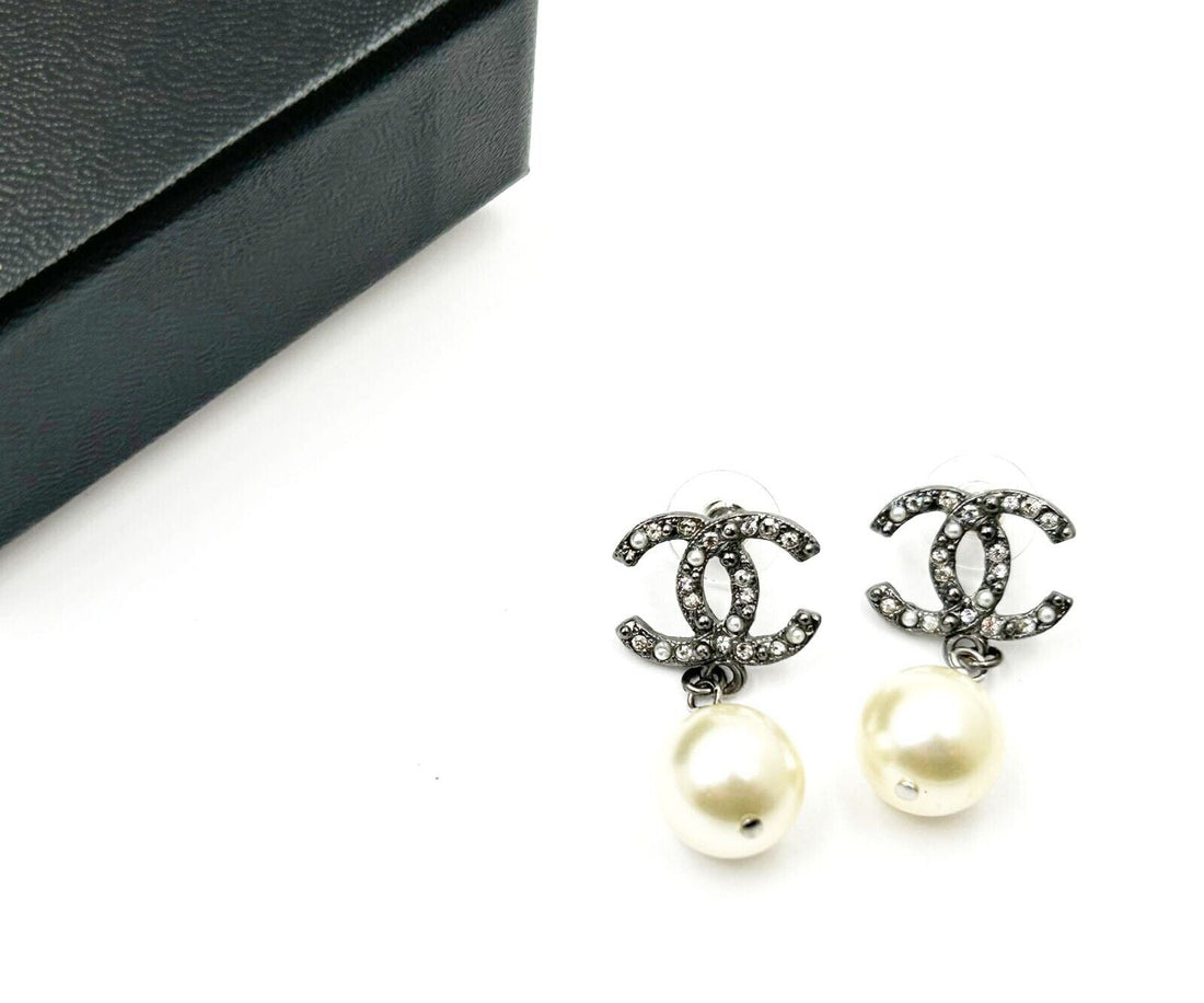 Top Quality Chanel Gunmetal CC Crystal Pearl Dangle Piercing Earrings